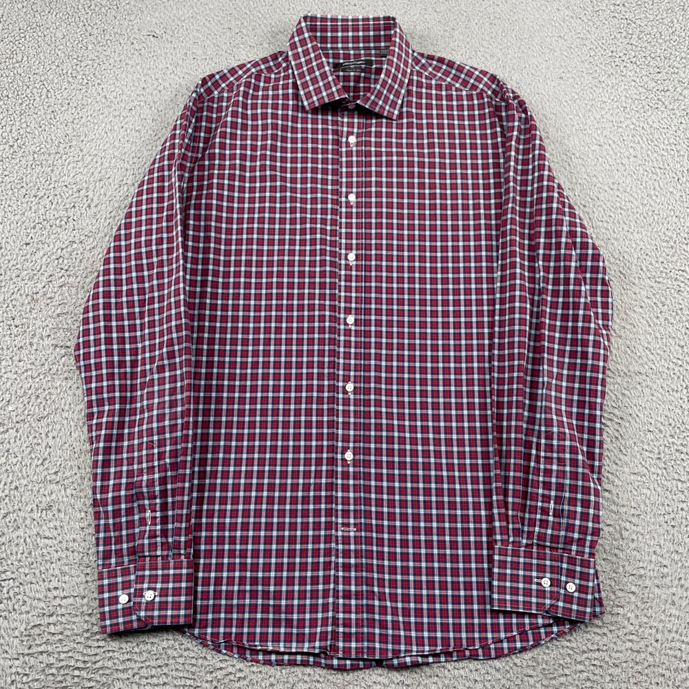 Indochino Button Down Mens 17.5 Red Blue Plaid Dress Shirt Long Sleeve Business